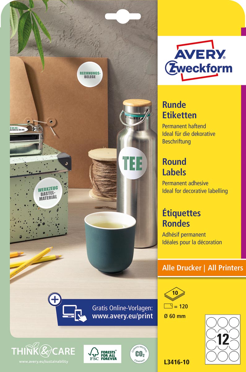 Avery Zweckform ronde etiketten, diameter 60 mm, wit, permanent klevend, 120 etiketten, 10 vellen afbeelding