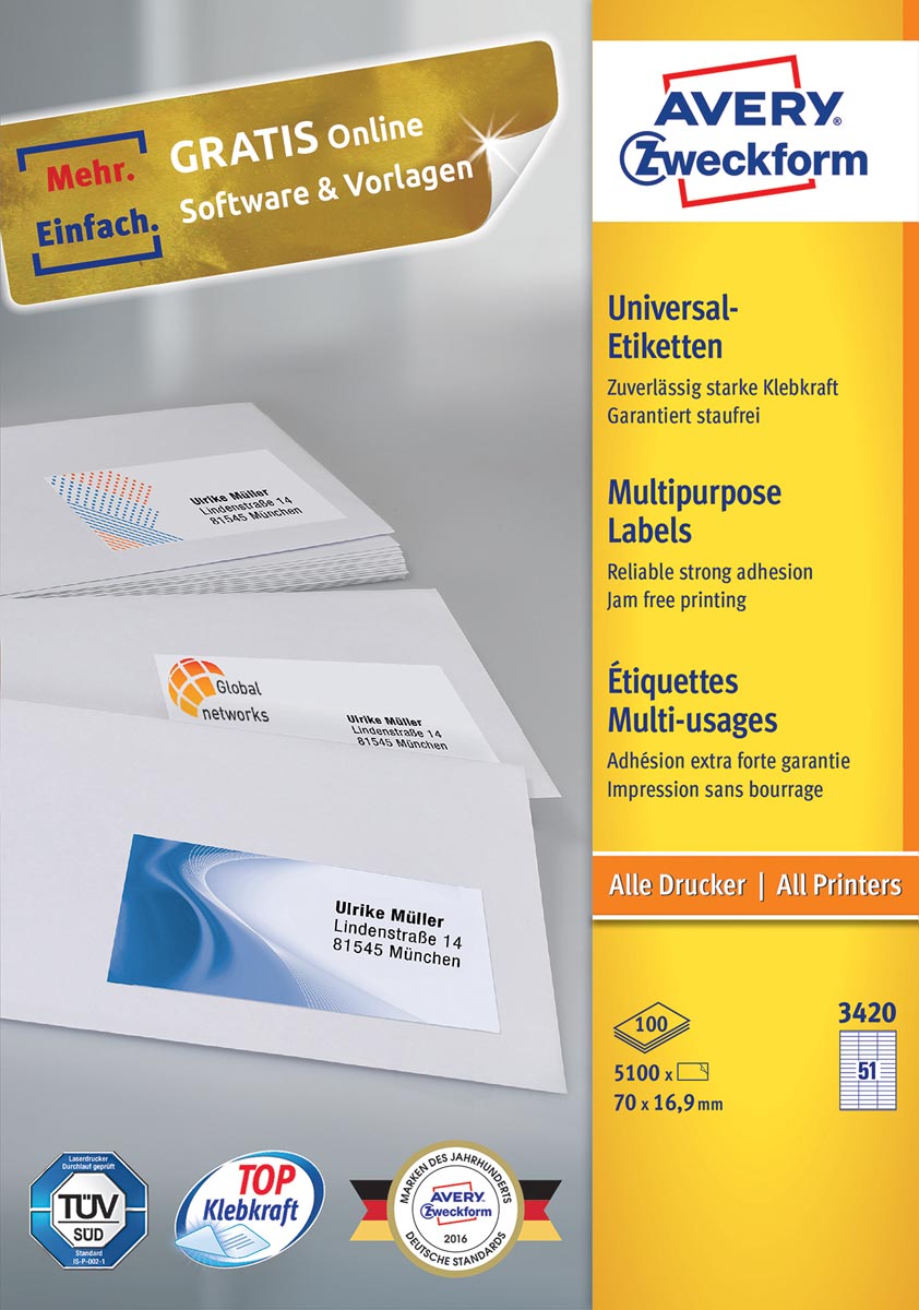 Avery Zweckform 3420, Universele etiketten, Ultragrip, wit, 100 vel, 51 per vel, 70 x 16,9 mm afbeelding