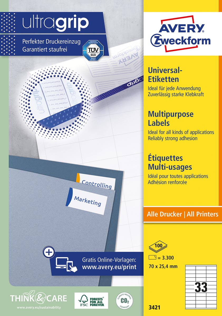 Avery Zweckform 3421, Universele etiketten, Ultragrip, wit, 100 vel, 33 per vel, 70 x 25,4 mm afbeelding