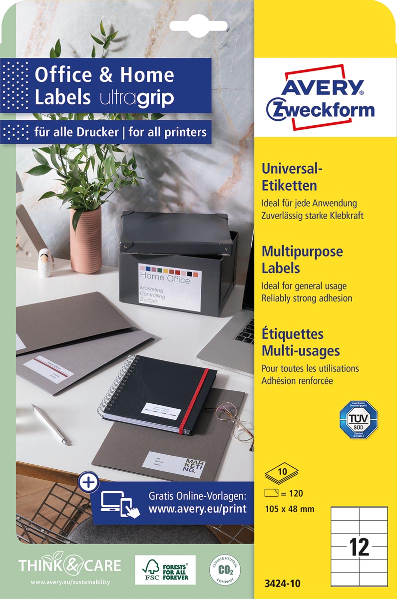 Avery Zweckform universele etiketten, 105 x 48 mm, wit, permanent klevend, 120 etiketten, 10 vellen afbeelding