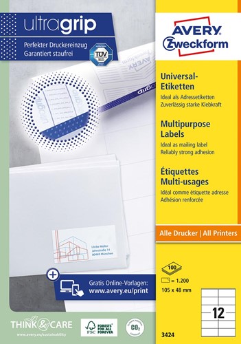 Avery Zweckform 3424, Universele etiketten, Ultragrip, wit, 100 vel, 12 per vel, 105 x 48 mm