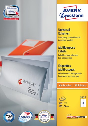 Avery Zweckform 3427, Universele etiketten, Ultragrip, wit, 100 vel, 8 per vel, 105 x 74 mm