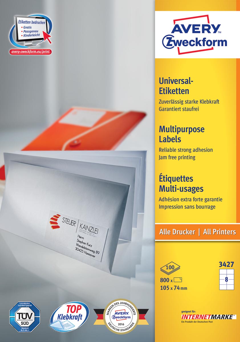Avery Zweckform 3427, Universele etiketten, Ultragrip, wit, 100 vel, 8 per vel, 105 x 74 mm afbeelding