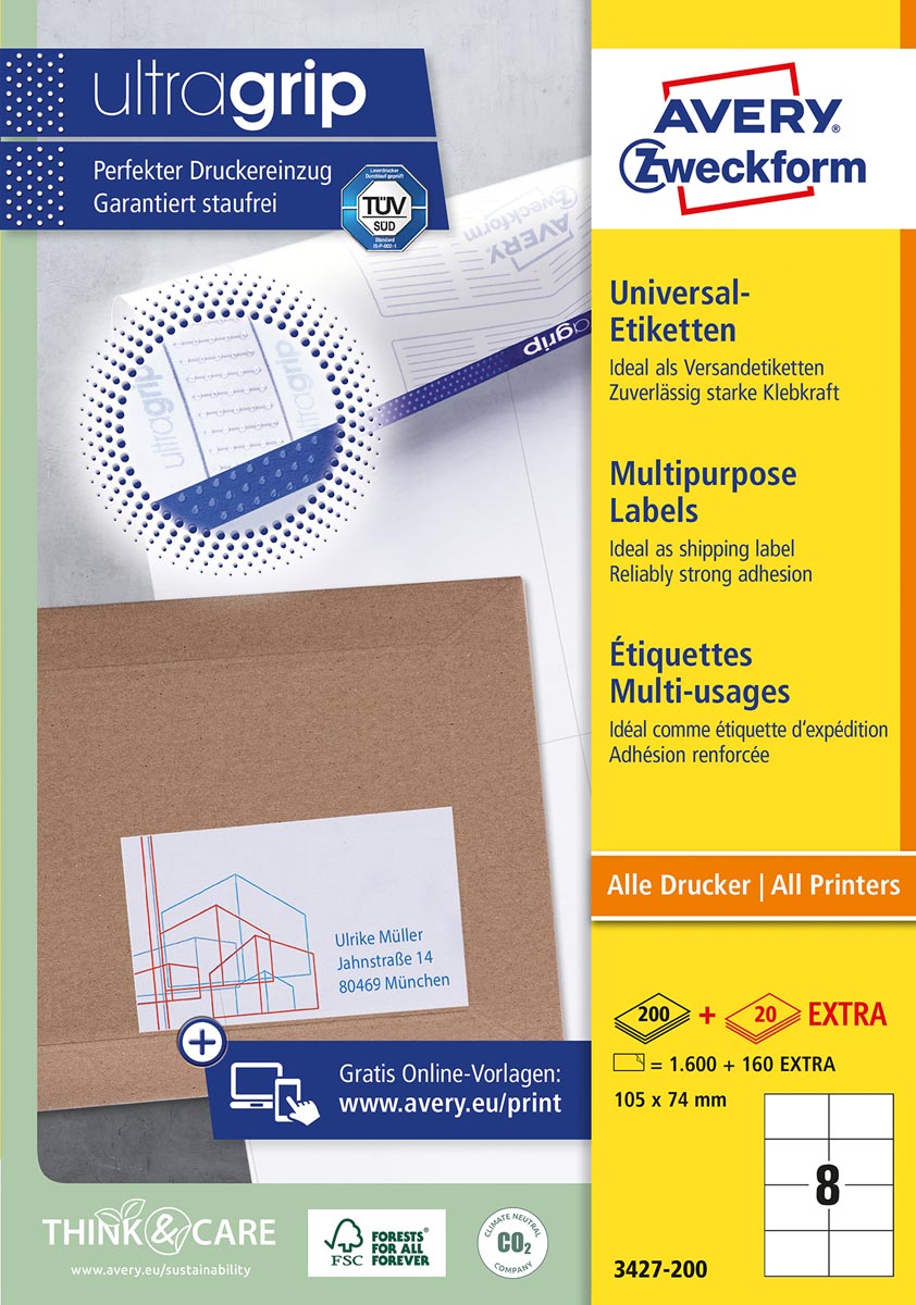 Avery Zweckform 3427, Universele etiketten, Ultragrip, wit, 200 vel, 8 per vel, 105 x 74 mm afbeelding