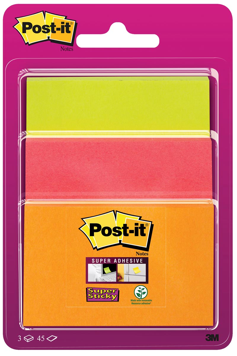 Post-it Super Sticky notes, 45 vel, 3 formaten, geassorteerde neon kleuren , op blister afbeelding