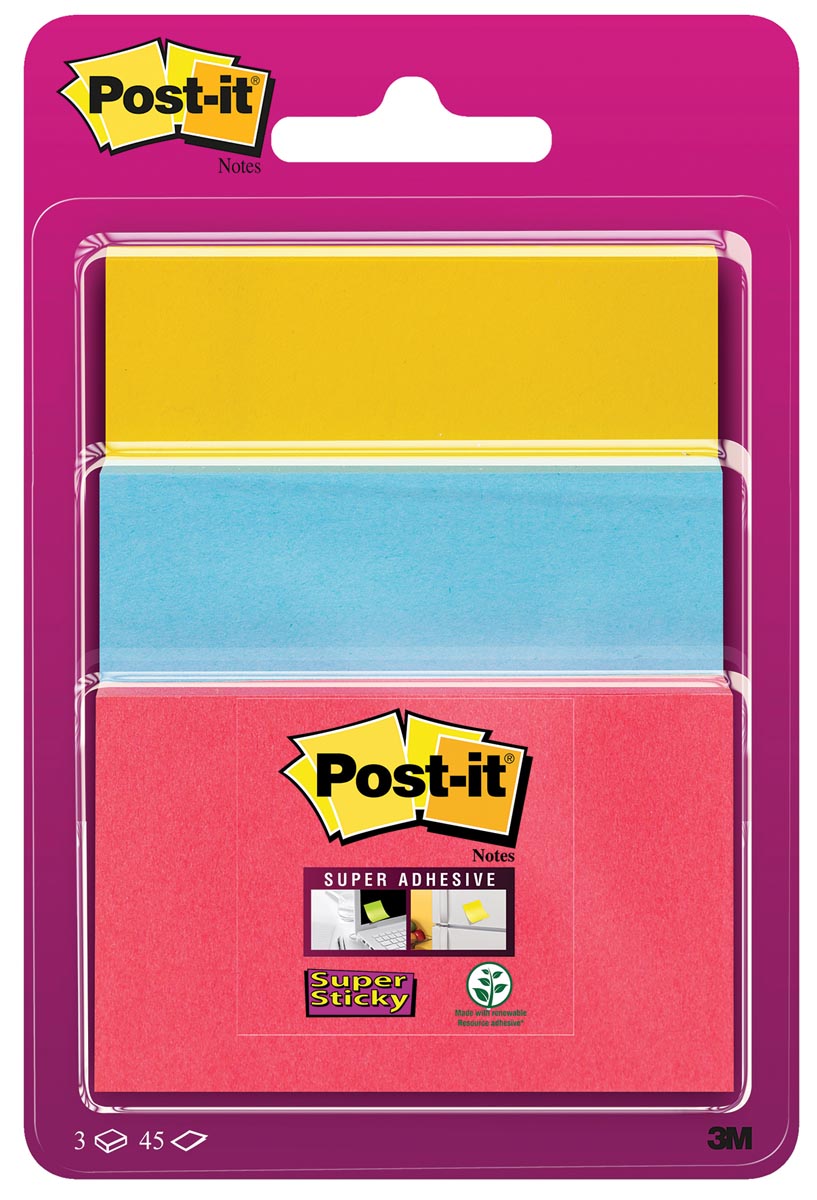 Post-it Super Sticky notes, 45 vel, 3 formaten, geassorteerde kleuren , op blister afbeelding