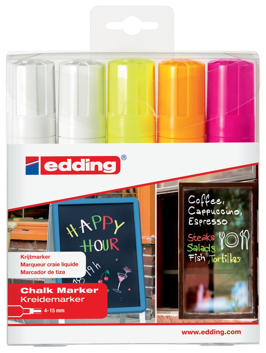 Edding krijtmarker e-4090 schuine punt etui van 5 stuks: 2 x wit, 1 x geel, 1 x oranje en 1 x roze afbeelding