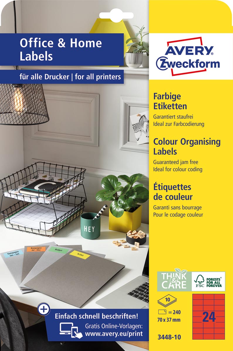 Avery Zweckform universele etiketten, 70 x 37 mm, rood, permanent klevend, 240 etiketten, 10 vellen Avery Zweckform universele etiketten, 70 x 37 mm, rood, permanent klevend, 240 etiketten, 10 vellen