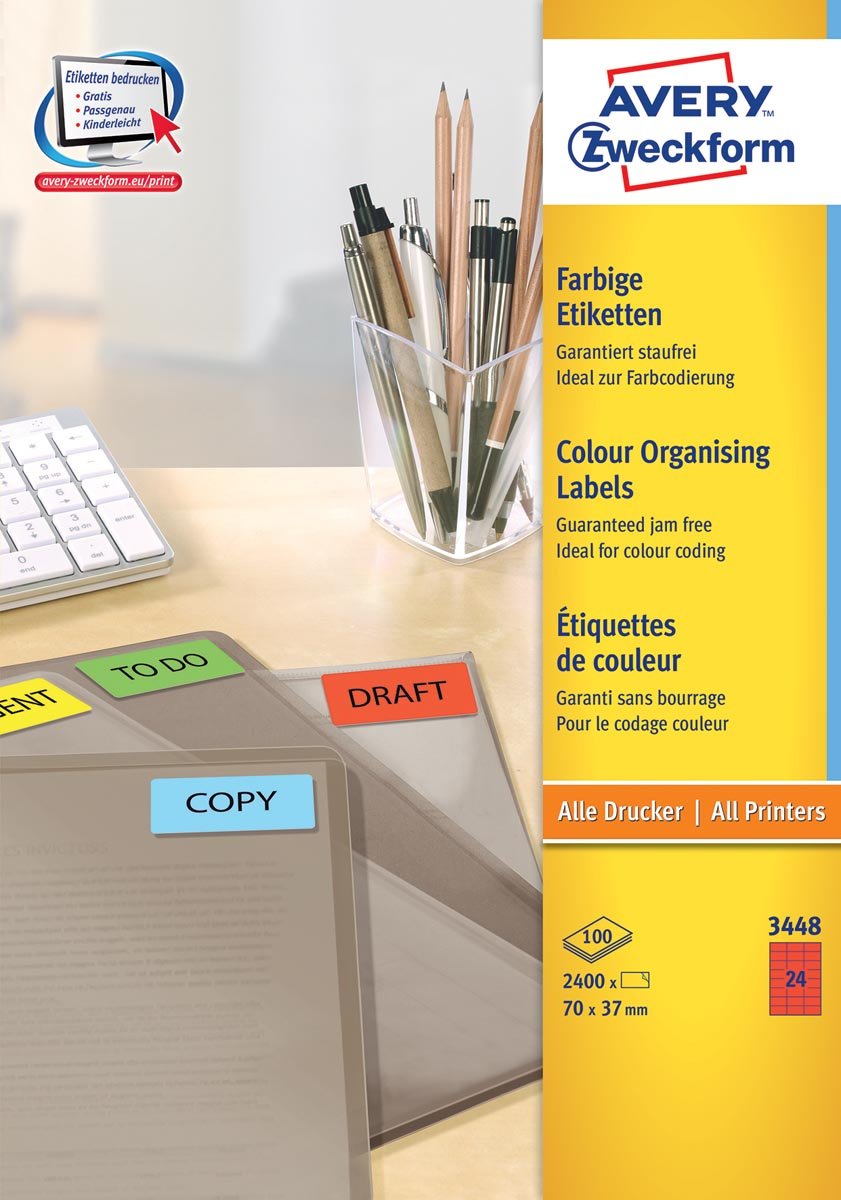 Avery etiketten ILC ft 70 x 37 mm (b x h), 2400 etiketten per doos, 24 per blad, rood afbeelding