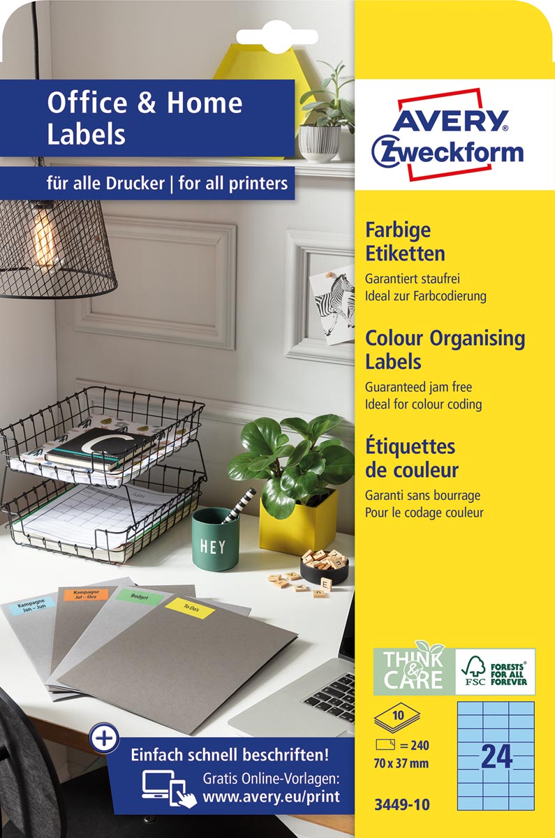 Avery Zweckform universele etiketten, 70 x 37 mm, blauw, permanent klevend, 240 etiketten, 10 vellen Avery Zweckform universele etiketten, 70 x 37 mm, blauw, permanent klevend, 240 etiketten, 10 vellen