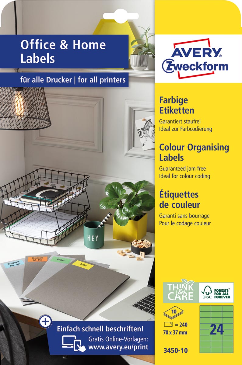 Avery Zweckform universele etiketten, 70 x 37 mm, groen, permanent klevend, 240 etiketten, 10 vellen Avery Zweckform universele etiketten, 70 x 37 mm, groen, permanent klevend, 240 etiketten, 10 vellen