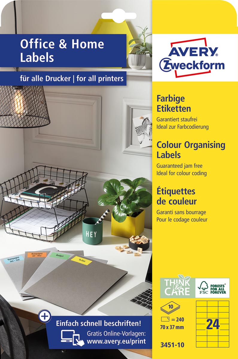 Avery Zweckform universele etiketten, 70 x 37 mm, geel, permanent klevend, 240 etiketten, 10 vellen Avery Zweckform universele etiketten, 70 x 37 mm, geel, permanent klevend, 240 etiketten, 10 vellen