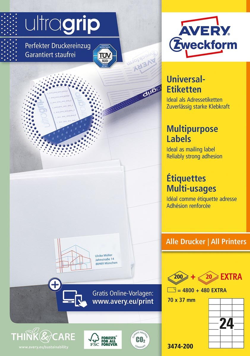 Avery Zweckform 3474, Universele etiketten, Ultragrip, wit, 200 vel, 24 per vel, 70 x 37 mm