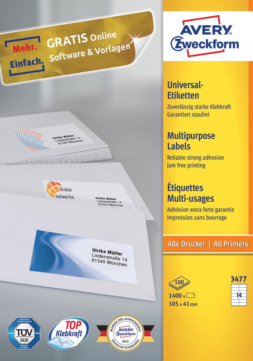 Avery Zweckform 3477, Universele etiketten, Ultragrip, wit, 100 vel, 14 per vel, 105 x 41 mm afbeelding