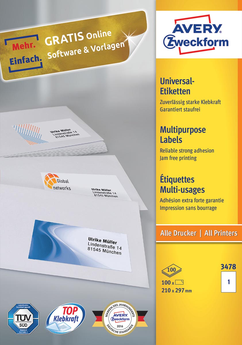 Avery Zweckform 3478, Universele etiketten, Ultragrip, wit, 100 vellen, 1 per vel, 210 x 297 mm afbeelding
