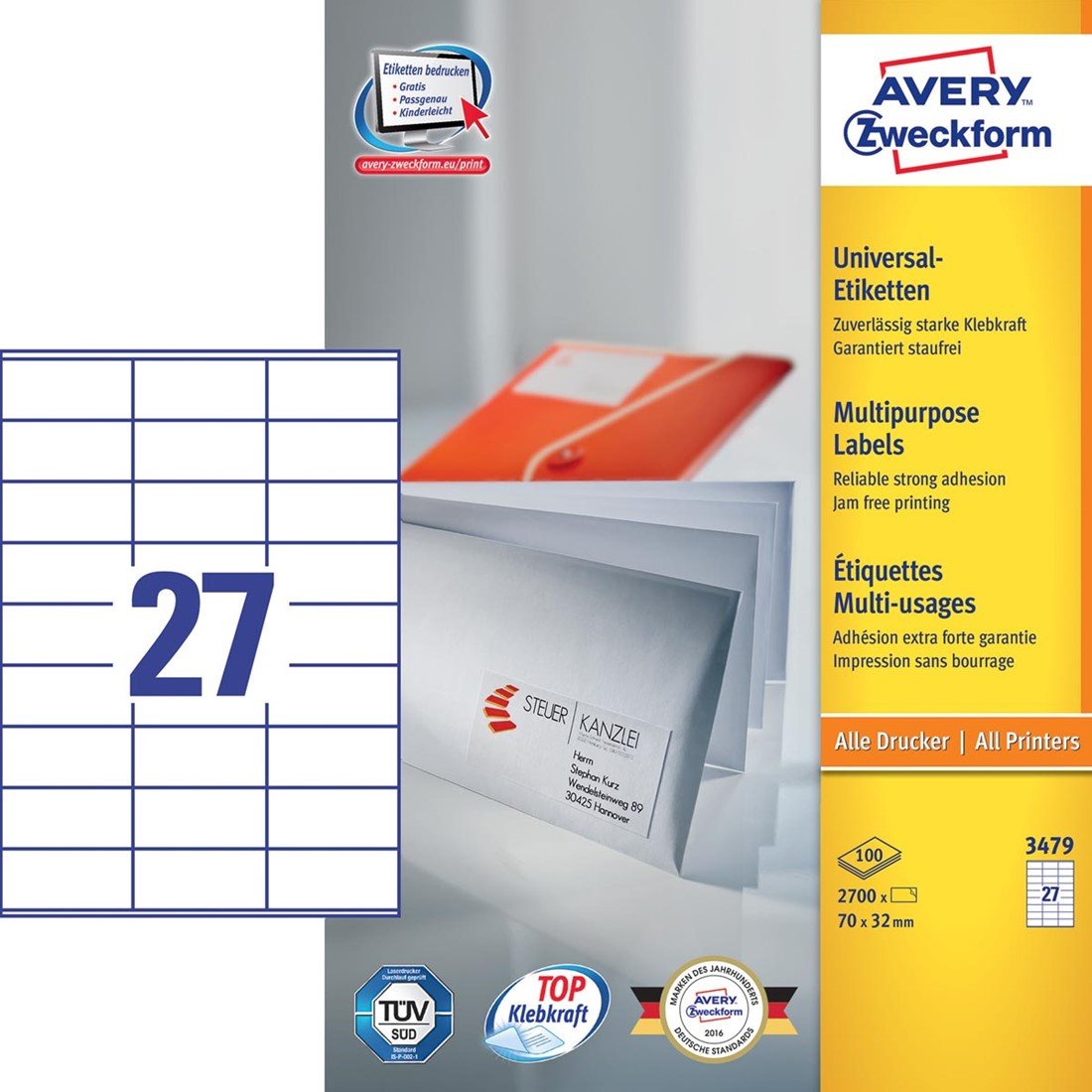 Avery Zweckform 3479, Universele etiketten, Ultragrip, wit, 100 vel, 27 ...