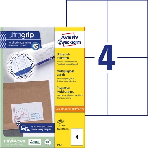 Avery Zweckform 3483, Universele etiketten, Ultragrip, wit, 100 vel, 4 per vel, 105 x 148 mm-2