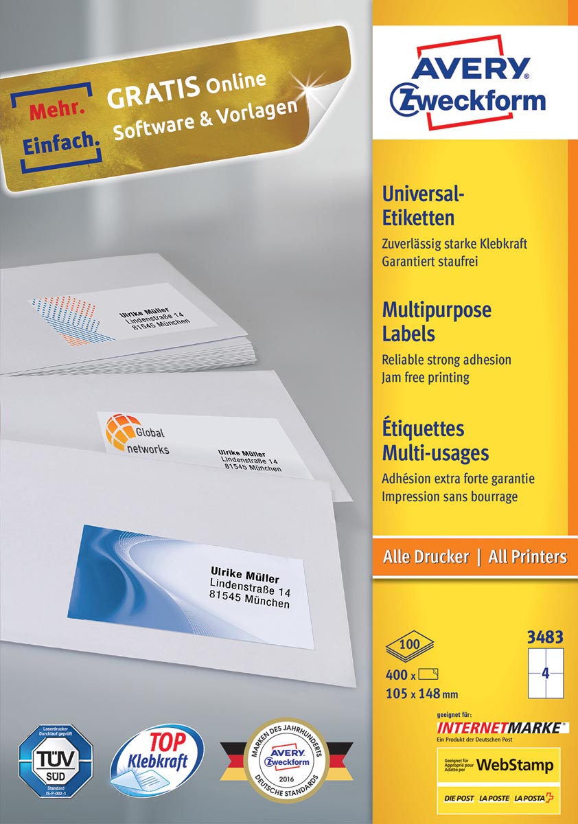 Avery Zweckform 3483 Universele Etiketten Ft 105 X 148 Mm B X H 400 Wit huismerk kopen in de aanbieding