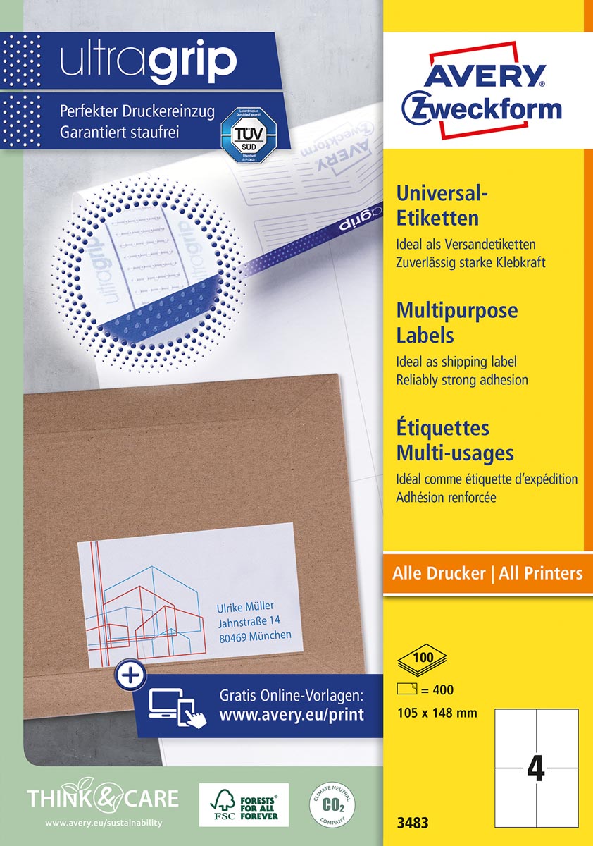 Avery Zweckform 3483, Universele etiketten, Ultragrip, wit, 100 vel, 4 per vel, 105 x 148 mm