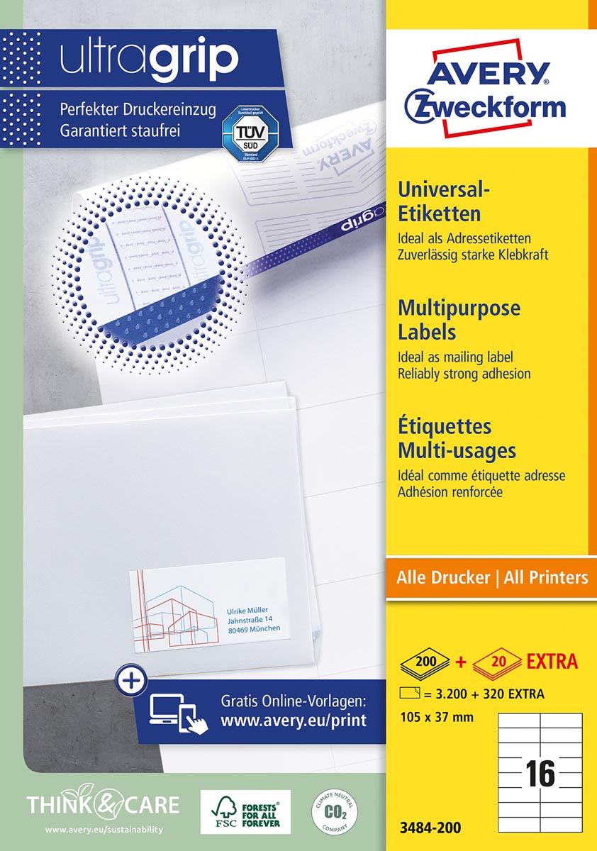 Avery Zweckform 3484, Universele etiketten, Ultragrip, wit, 200 vel, 16 per vel, 105 x 37 mm afbeelding