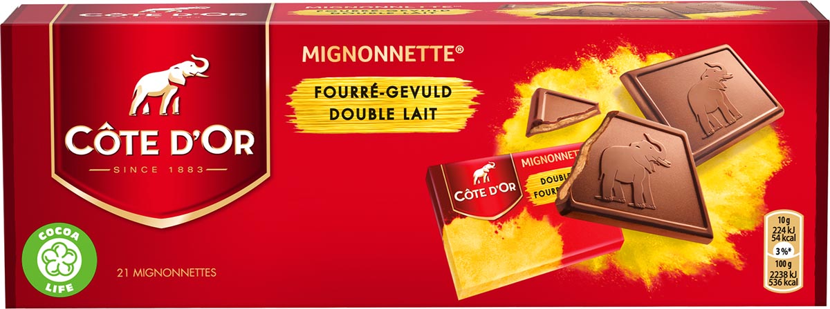 Côte d&apos;Or Mignonnettes chocolade, praliné, 10 g, doos van 21 stuks, apart verpakt afbeelding