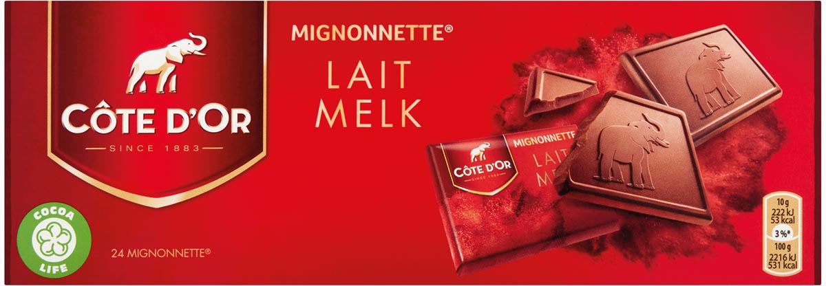 Côte d&apos;Or Mignonnettes chocolade, melk, 10 g, doos van 24 stuks, apart verpakt afbeelding