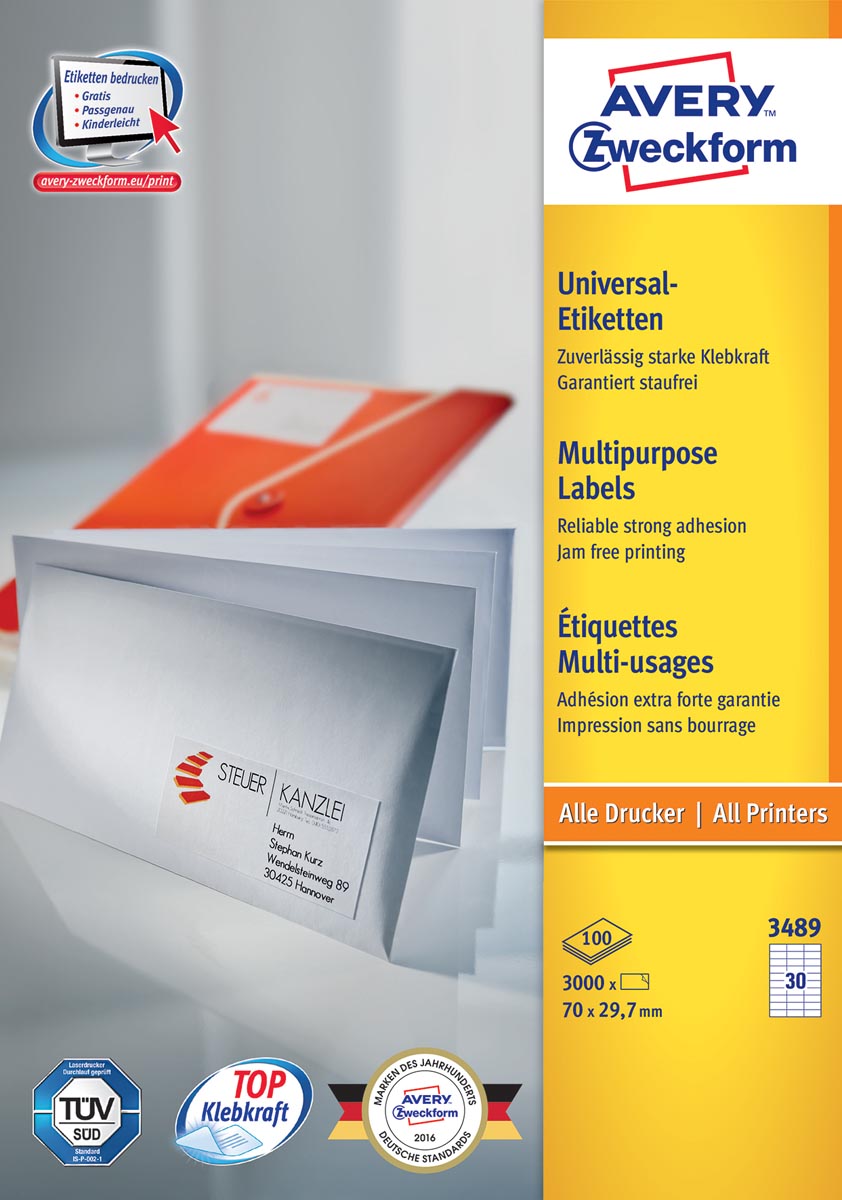 Avery Zweckform 3489, Universele etiketten, Ultragrip, wit, 100 vel, 30 per vel, 70 x 29,7 mm afbeelding