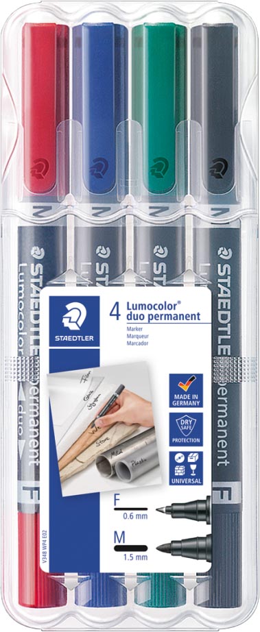 Staedtler Lumocolor Duo 348, permanent marker, doos van 4 stuks in geassorteerde kleuren afbeelding