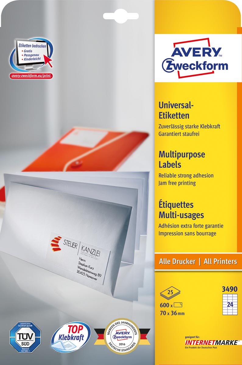 Avery Zweckform 3490, Universele etiketten, Ultragrip, wit, 25+5 vel, 24 per vel, 70 x 36 mm