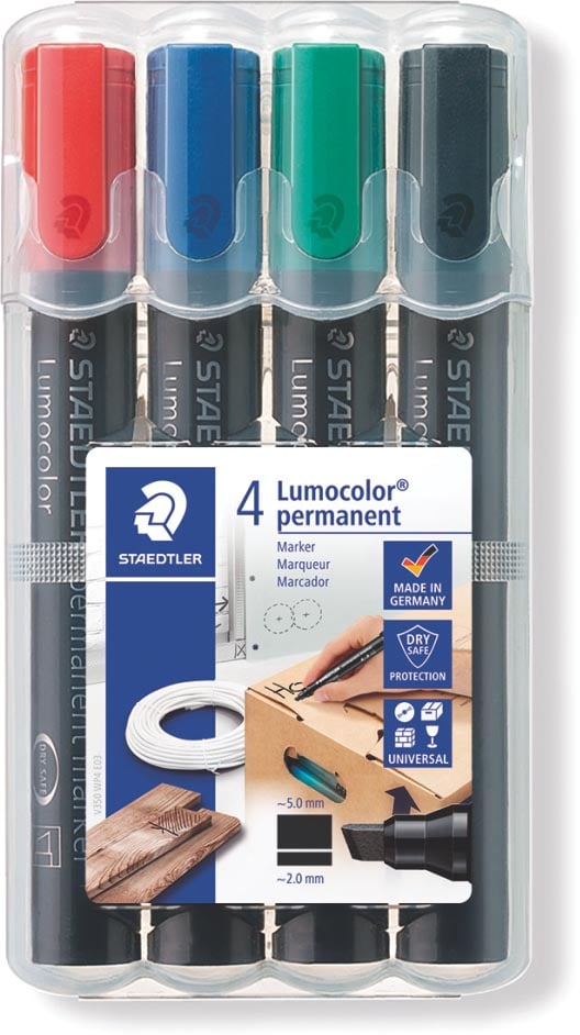 Staedtler Lumocolor 350, permanent marker, schuine punt, 2 - 5 mm, etui van 4 stuks in geassorteerde Staedtler Lumocolor 350, permanent marker, schuine punt, 2 - 5 mm, etui van 4 stuks in geassorteerde