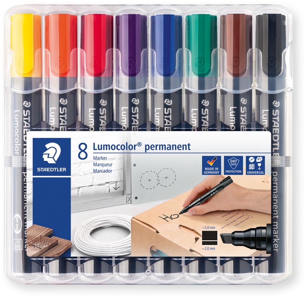 Staedtler Lumocolor 350, permanent marker, schuine punt, 2 - 5 mm, etui van 8 stuks in geassorteerde kleu afbeelding