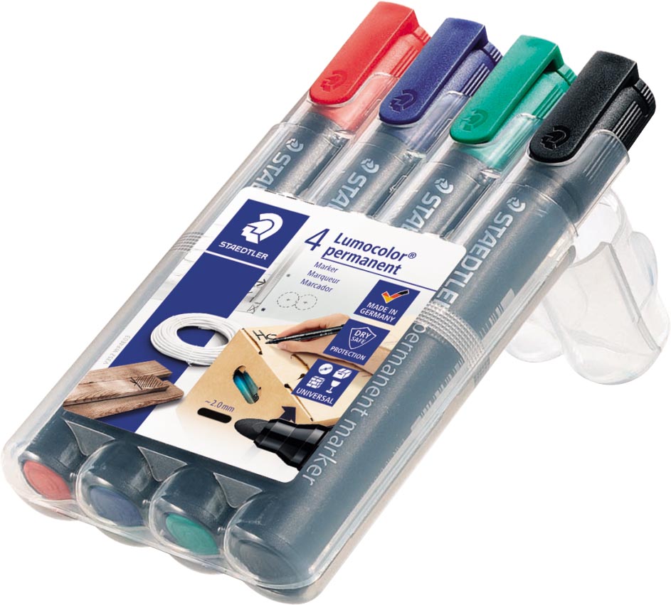 Staedtler Lumocolor 352, permanent marker, ronde punt, 2 mm, etui van 4 stuks in geassorteerde kleuren afbeelding