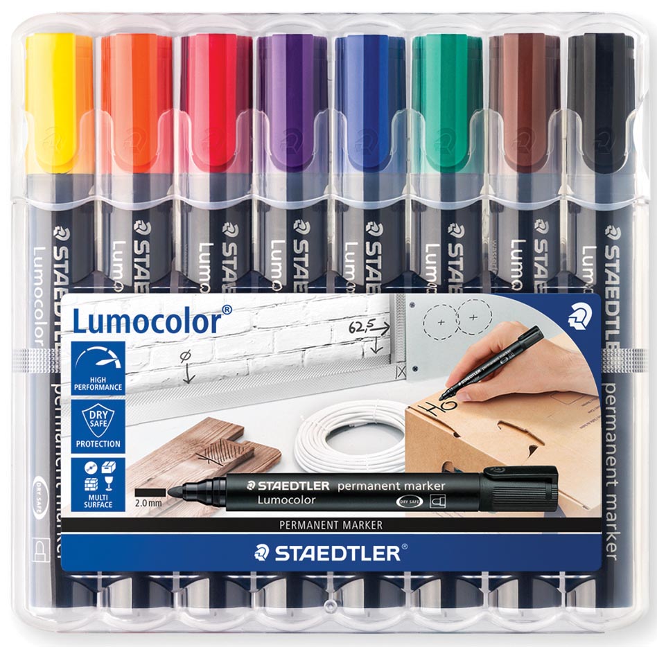 Staedtler Lumocolor 352, permanent marker, ronde punt, 2 mm, etui van 8 stuks in geassorteerde kleuren afbeelding