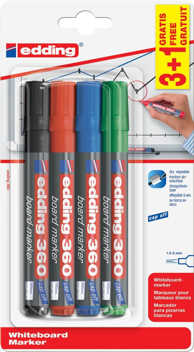 Edding whiteboardmarker 360, etui met 4 stuks (3 + 1 gratis) in geassorteerde kleuren Edding whiteboardmarker 360, etui met 4 stuks (3 + 1 gratis) in geassorteerde kleuren