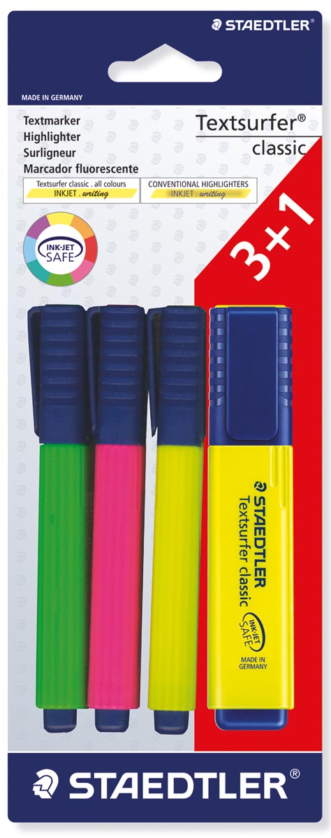 Staedtler Markeerstift Textsurfer Classic blister met 4 stuks 1 x groen, 1 x roze, 1 x geel en 1 x ge...