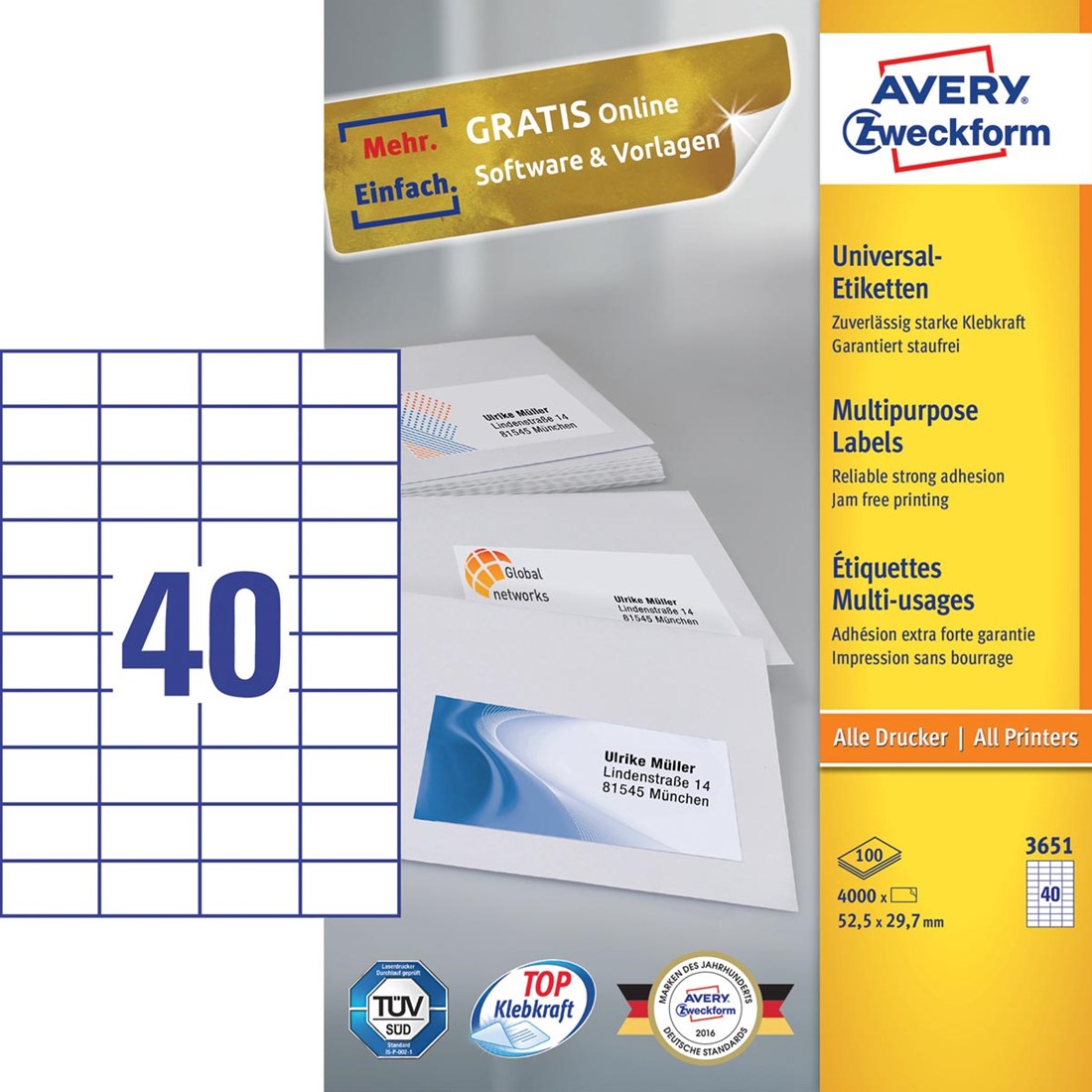 AVERY Zweckform P3461-25 Universele etiketten (200 zelfklevende etiketten, 85 x 55 mm op A4, mat papier, bedrukbare productetiketten, zelfklevende jam- etiketten, individuele stickers) 25 vellen, wit