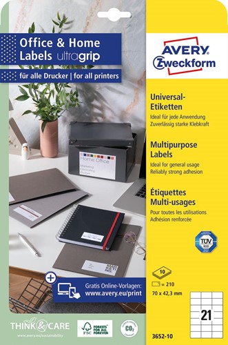 Avery Zweckform universele etiketten, 70 x 42,3 mm, wit, permanent klevend, 210 etiketten, 10 vellen