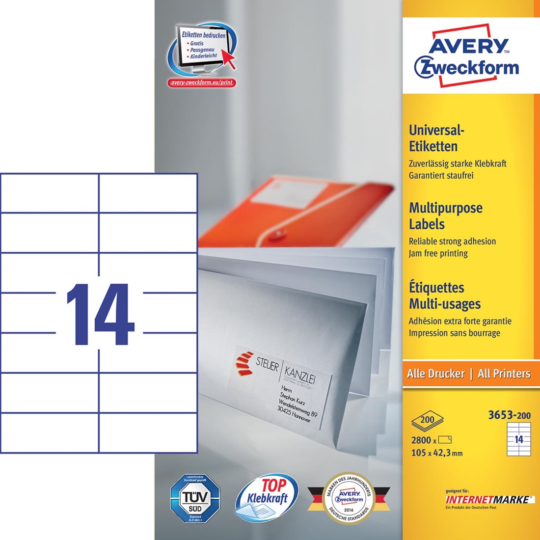 1400 étiquettes Blanches Avery 105x42.3mm - Pour Imprimante Laser Et Jet D'encre, Multi-usages