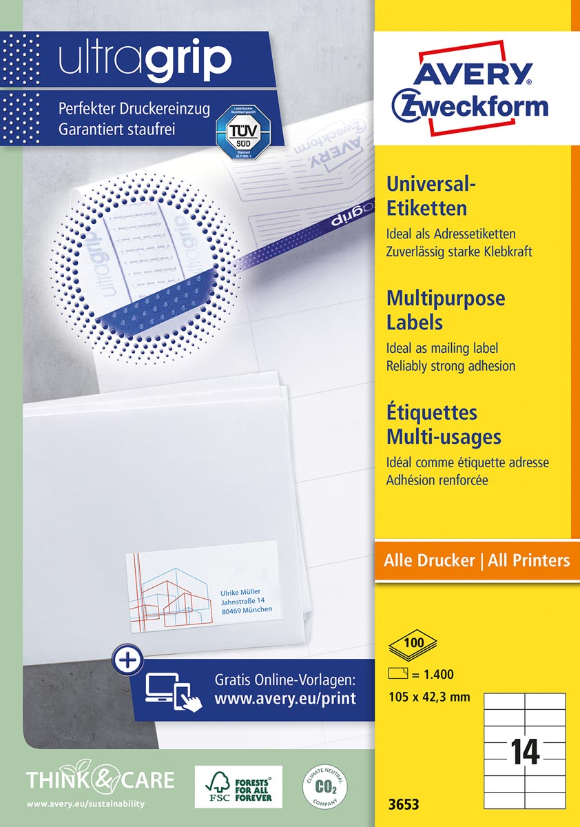 Avery Zweckform 3653, Universele etiketten, Ultragrip, wit, 100 vel, 14 per vel, 105 x 42,3 mm afbeelding