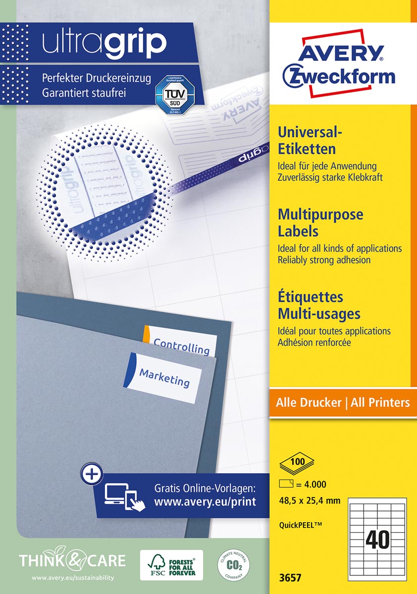 Avery Zweckform 3657, Universele etiketten, Ultragrip, wit, 100 vel, 40 per vel, 48,5 x 25,4 mm afbeelding