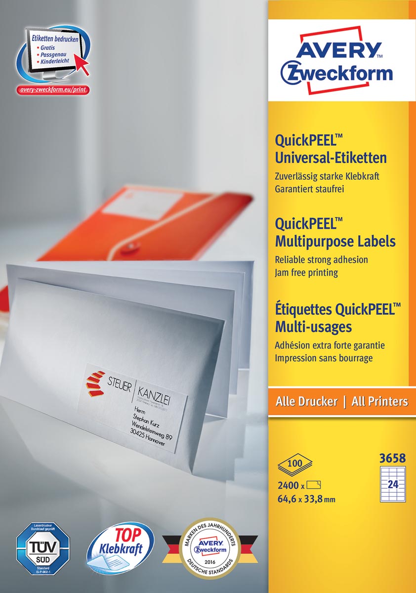 Avery Zweckform 3658, Universele etiketten, Ultragrip, wit, 100 vel, 24 per vel, 64,6 x 33,8 mm afbeelding