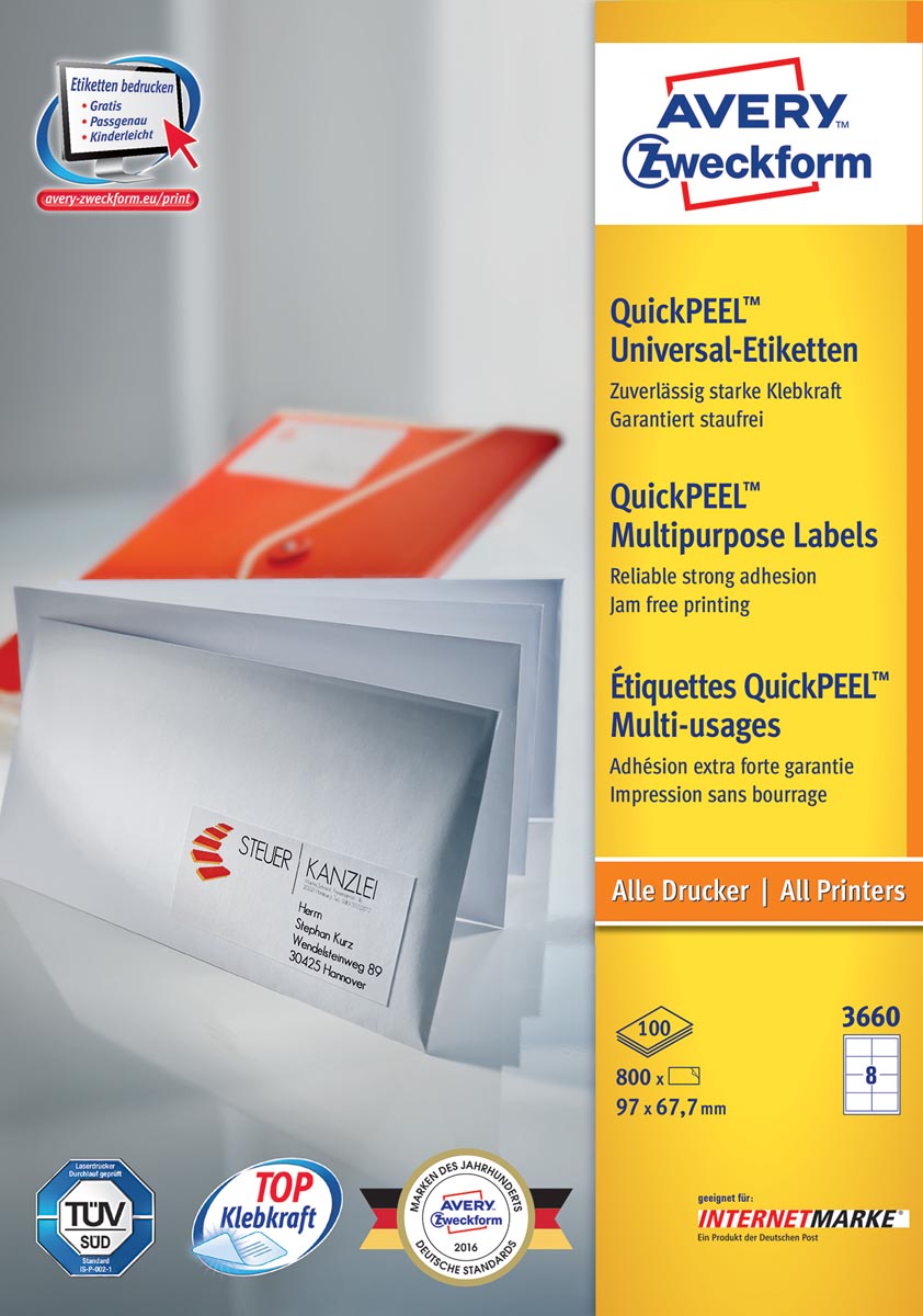 Avery Zweckform 3660, Universele etiketten, Ultragrip, wit, 100 vel, 8 per vel, 97 x 67,7 mm