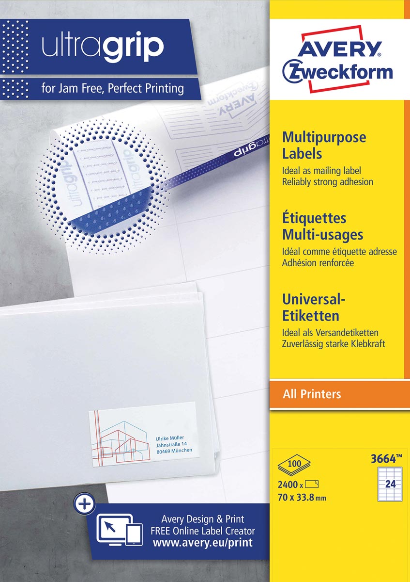 Avery Zweckform 3664, Universele etiketten, Ultragrip, wit, 100 vel, 24 per vel, 70 x 33,8 mm afbeelding