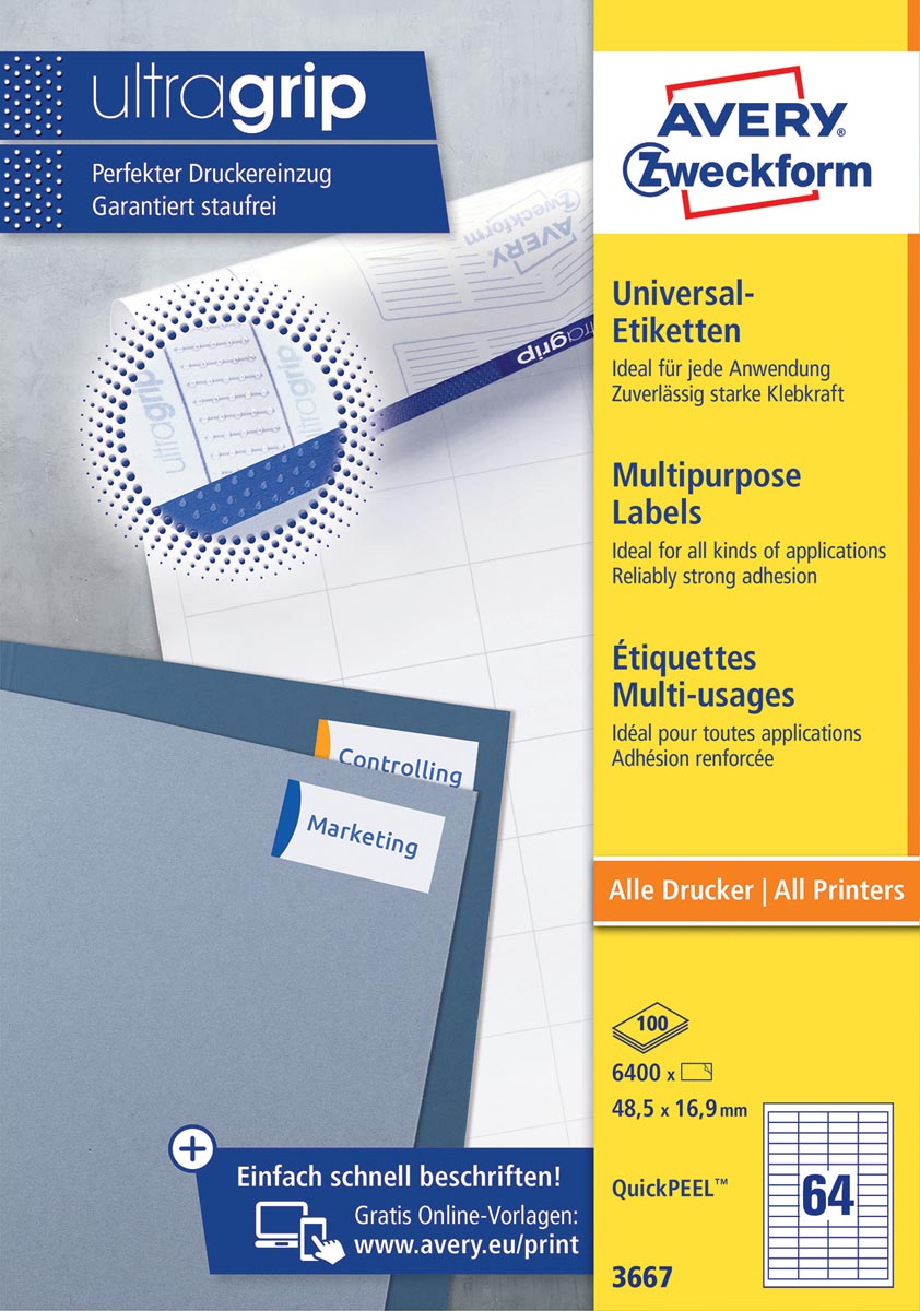 Avery Zweckform 3667, Universele etiketten, Ultragrip, wit, 100 vel, 64 per vel, 48,5 x 16,9 mm afbeelding