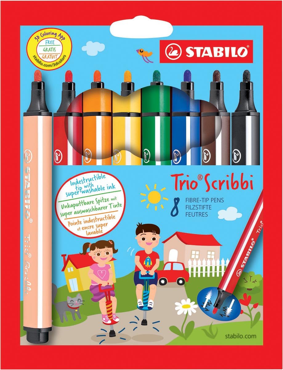 STABILO Trio Scribbi viltstift, blister van 8 stuks in geassorteerde kleuren afbeelding