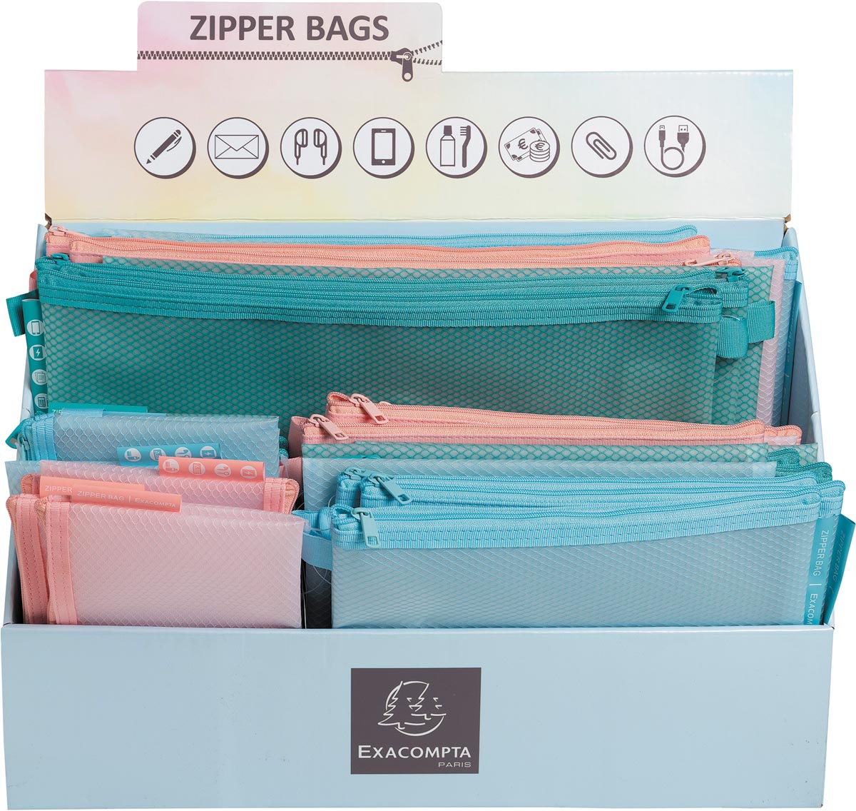 Exacompta tassen met zipsluiting Chromaline, display van 36 stuks in geassorteerde pastelkleuren en Exacompta tassen met zipsluiting Chromaline, display van 36 stuks in geassorteerde pastelkleuren en