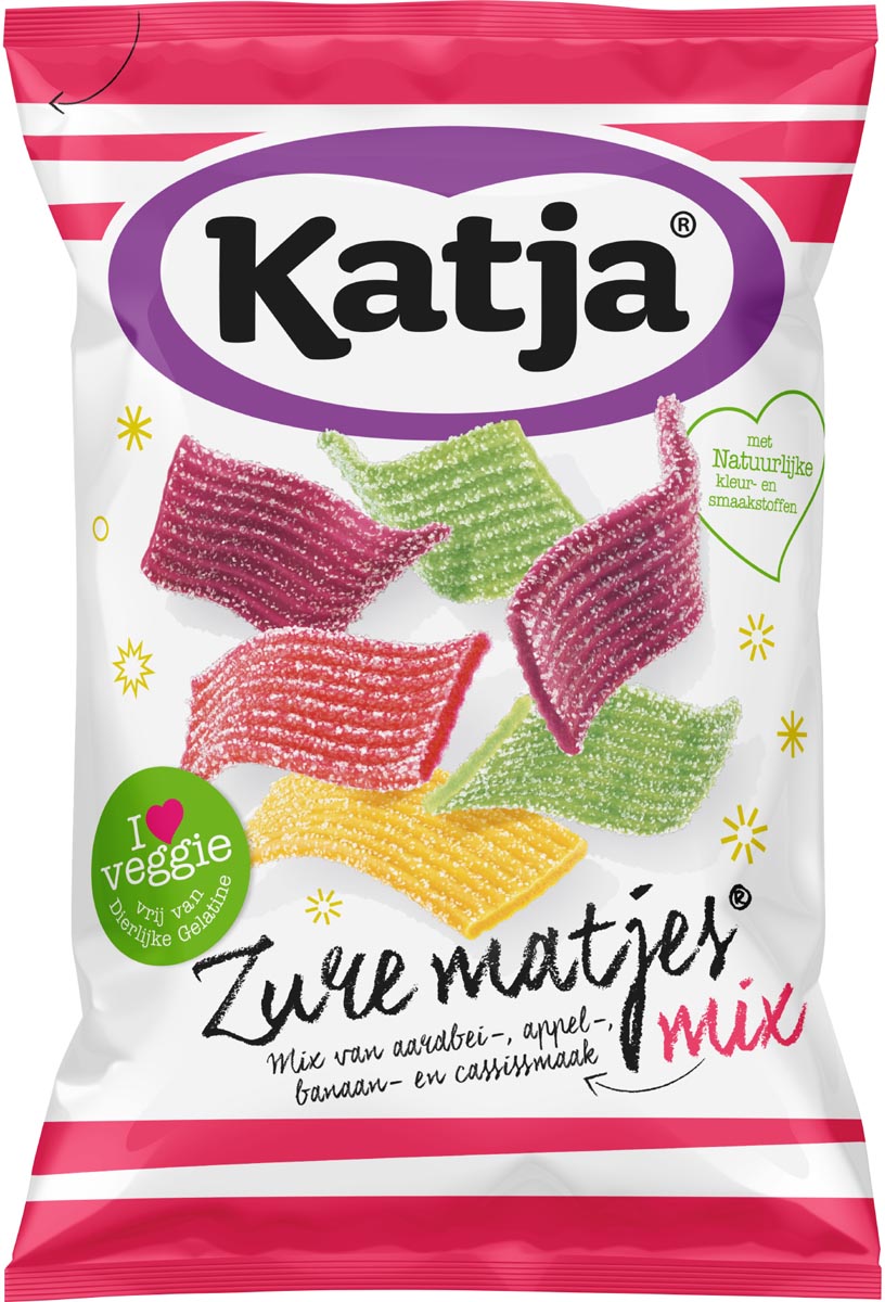 Katja Zure Matjes snoep, mix van aardbei-, appel-, banaan- en cassissmaak, zak van 250 g afbeelding