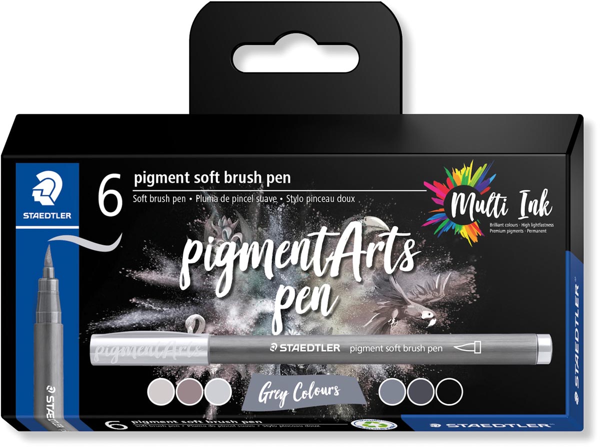 Staedtler Pigment Arts soft brush pen, etui van 6 stuks, grijstinten Staedtler Pigment Arts soft brush pen, etui van 6 stuks, grijstinten