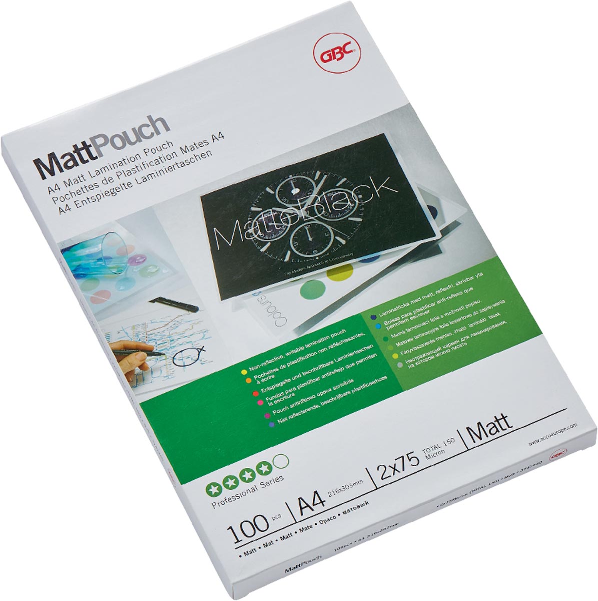 GBC Matt lamineerhoes ft A4, 150 micron (2 x 75 micron), mat/glanzend, pak van 100 stuks afbeelding