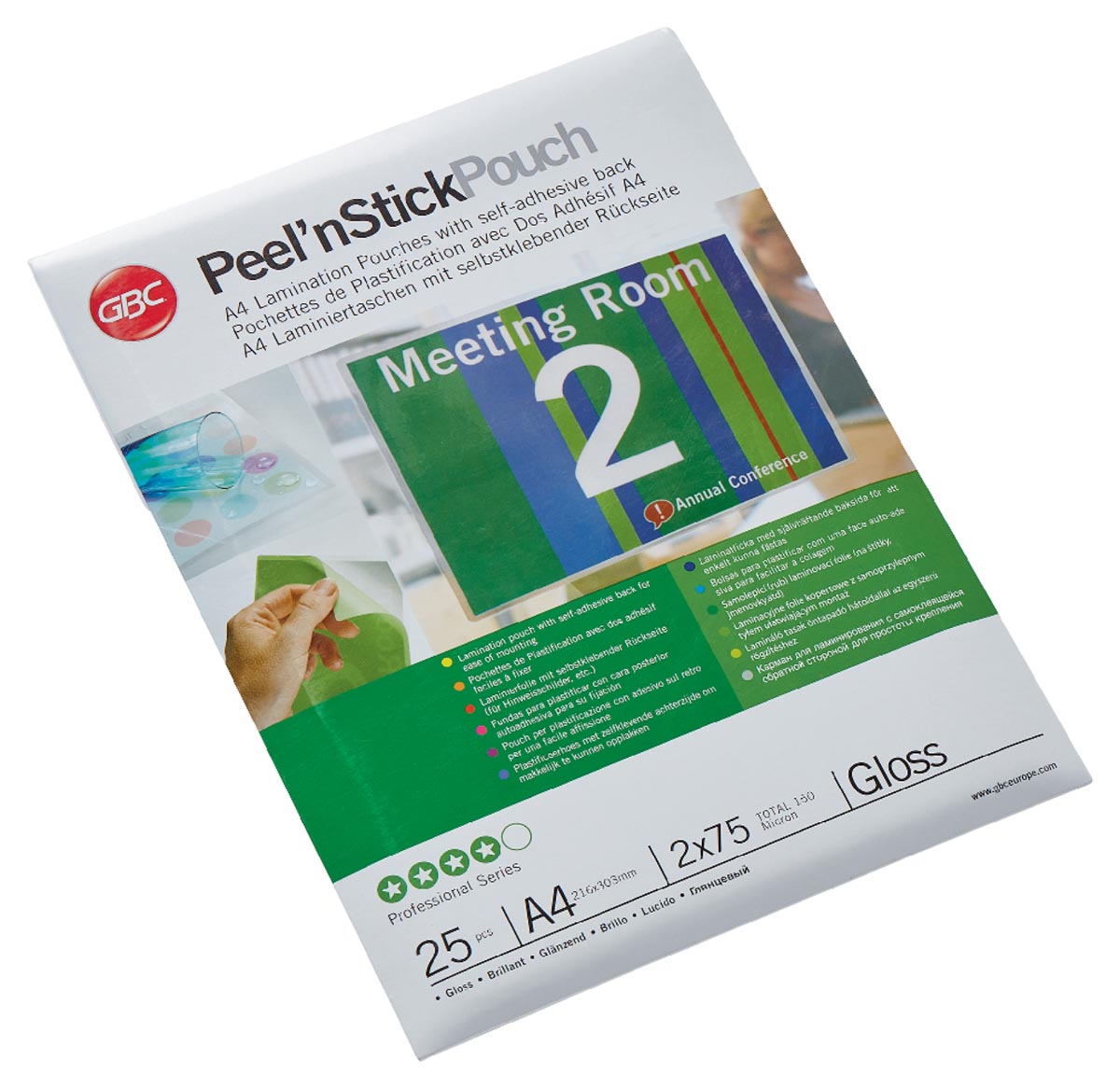 GBC Peel&apos;nStick lamineerhoes ft A4, 150 micron (2 x 75 micron), zelfklevend, pak van 25 stuks afbeelding